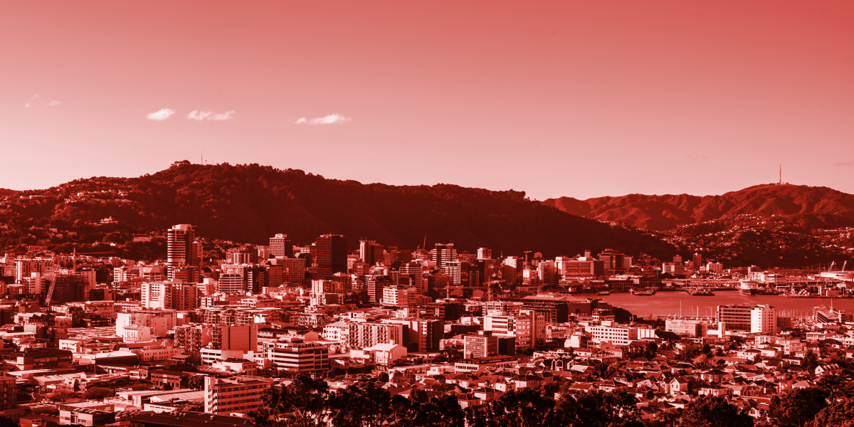 Wellington skyline with red brand overlay