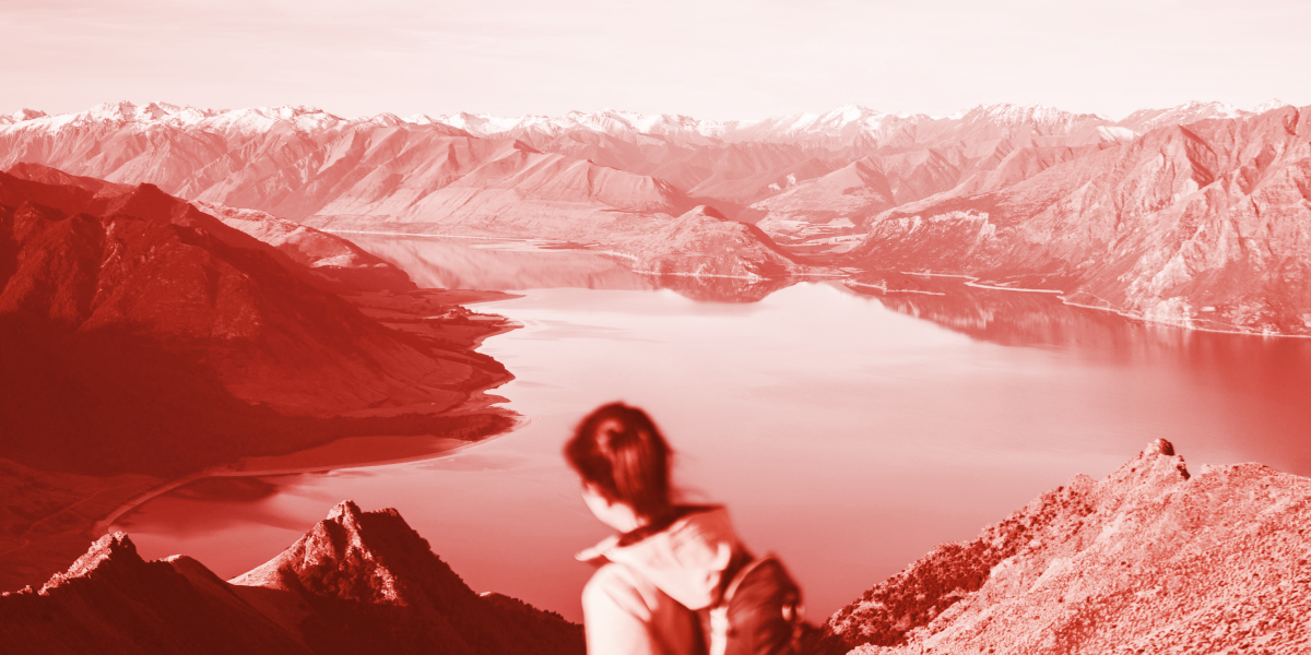 Hiking in the south island of New Zealand, winter scene. red overlay 